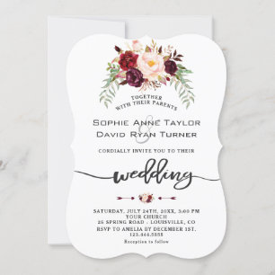 Burgundy Red Marsala Floral Handwriting Wedding Invitation