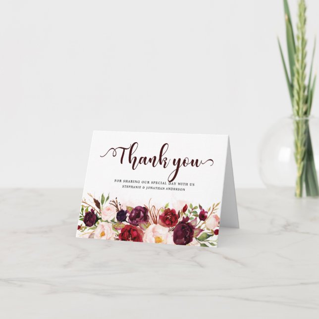 Burgundy Red Marsala Floral Rustic Boho Thank You Card (Front)