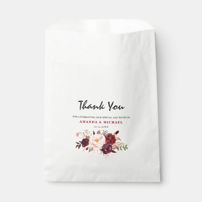 Burgundy Red Marsala Floral Rustic Boho wedding Favour Bags (Front)