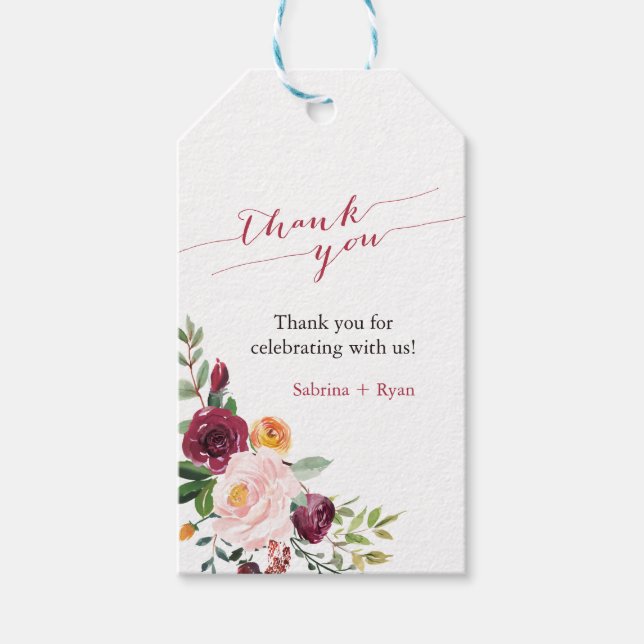 Burgundy Red Marsala Floral Thank You Tag (Front)