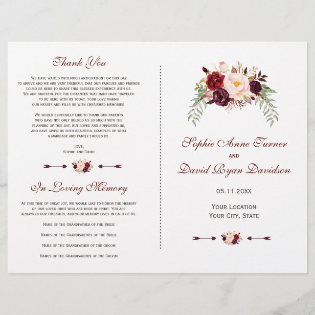 Burgundy Red Marsala Floral Wedding Program Flyer (Front)