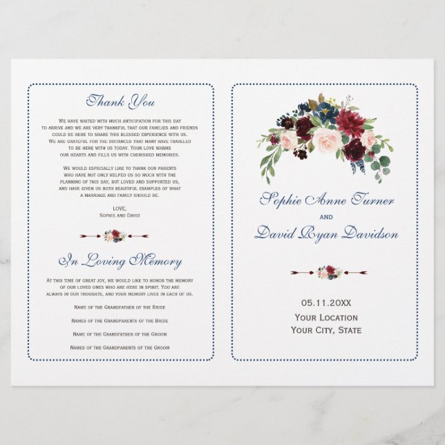 Burgundy Red Marsala Floral Wedding Program Flyer (Front)