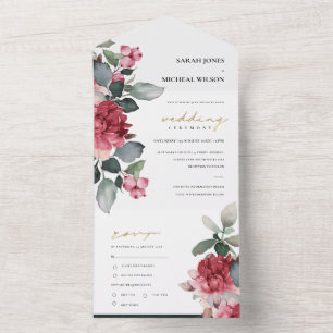BURGUNDY RED MARSALA GREEN WATERCOLOR FLORAL PEONY ALL IN ONE INVITATION