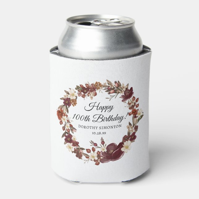 Burgundy Red Mauve Fall Flowers 100th Birthday Can Cooler (Can Front)