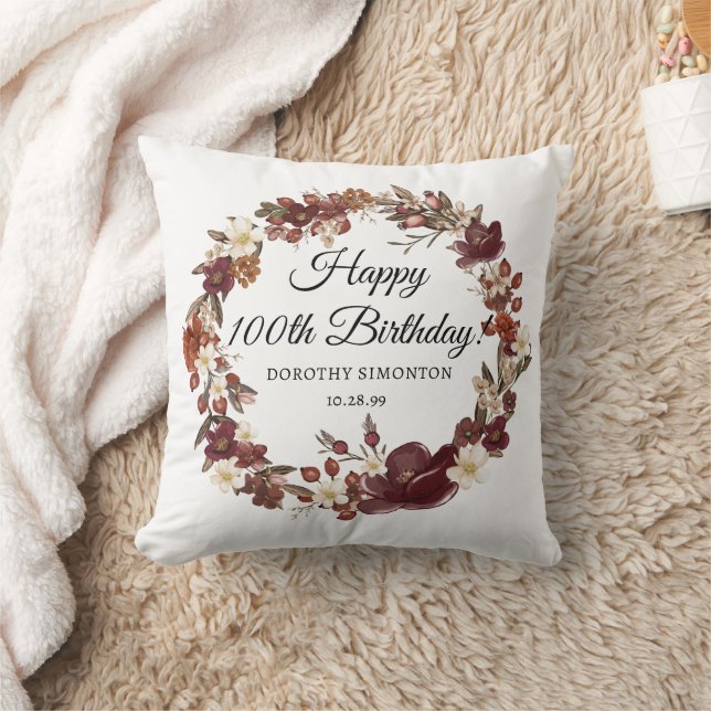 Burgundy Red Mauve Fall Flowers 100th Birthday Cushion (Blanket)