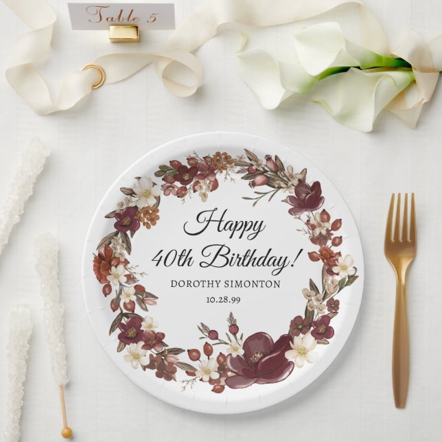 Burgundy Red Mauve Fall Flowers 40th Birthday Paper Plate (Wedding)