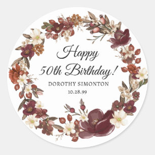 Burgundy Red Mauve Fall Flowers 50th Birthday Classic Round Sticker