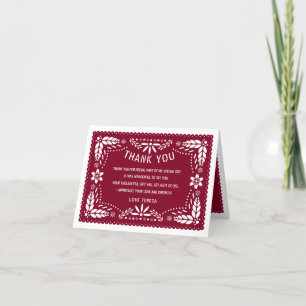 Burgundy red Mexican papel picado QUINCEAÑERA Thank You Card