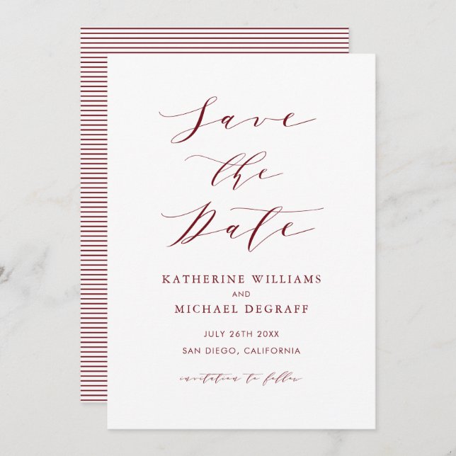 Burgundy Red Minimalist Dainty Script Save The Date (Front/Back)
