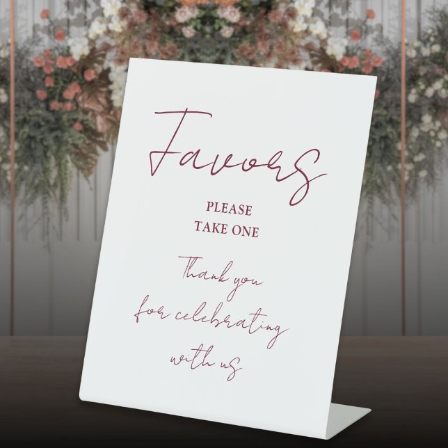 Burgundy Red Minimalist Elegant Script Favours Pedestal Sign (Burgundy Red Minimalist Elegant Script Favors Pedestal Sign)