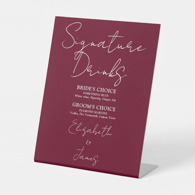 Burgundy Red Minimalist Script Signature Drinks Pedestal Sign (Front)