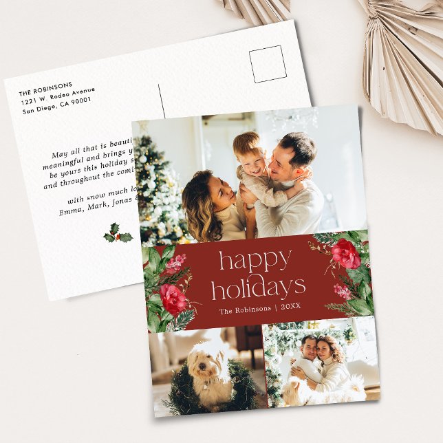 Burgundy Red Modern Botanical 3 Photo Holiday Postcard (Creator Uploaded)