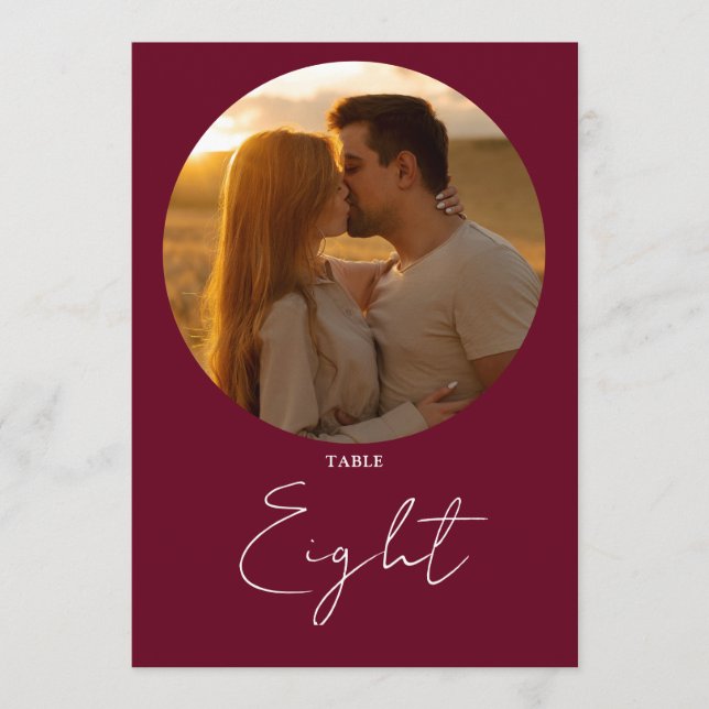 Burgundy Red Modern Minimalist Script Table Number (Front)