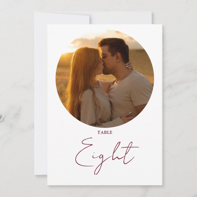 Burgundy Red Modern Minimalist Script Table Number (Front)