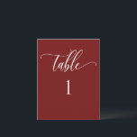 Burgundy Red, Modern Minimalist Table Number<br><div class="desc">Modern and elegant minimalist style burgundy red tone table number with modern hand written calligraphy details. Clear area on the bottom allowing you to use all kinds of table number holders without obstructing the number. Modern medium size card for a sleek, simple look. Available in a variety of colours. Have...</div>