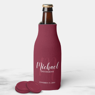 Burgundy Red Modern Script Personalised Groomsmen Bottle Cooler