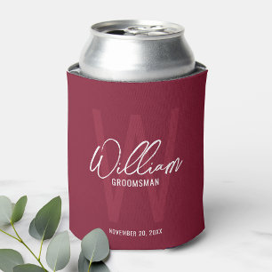 Burgundy Red Modern Script Personalised Groomsmen Can Cooler