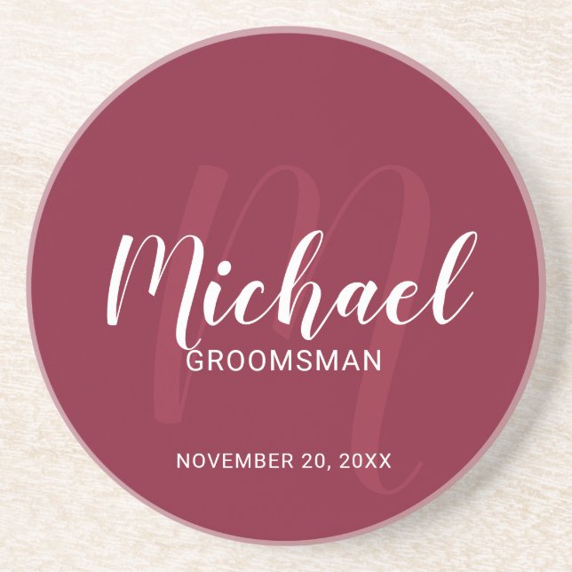 Burgundy Red Modern Script Personalized Groomsmen Coaster (Front)