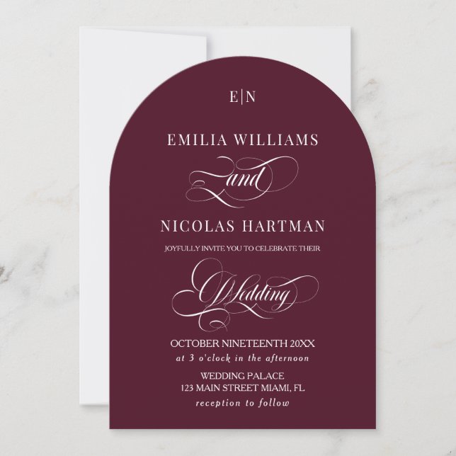 Burgundy Red Monogram Classic Wedding Invitation (Front)