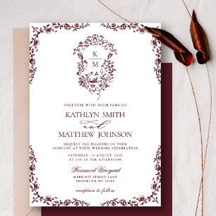 Burgundy Red Monogram Floral Vintage Crest Wedding Invitation