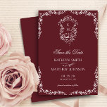 Burgundy Red Monogram Floral Vintage Crest Wedding Save The Date<br><div class="desc">Burgundy Red Monogram Floral Vintage Crest Wedding Save the Date Card. Celebrate your special day with this elegant and beautiful wedding invitation design to beautify your special occasion. All the texts are pre-arranged for you to personalise easily and quickly with your own details.</div>