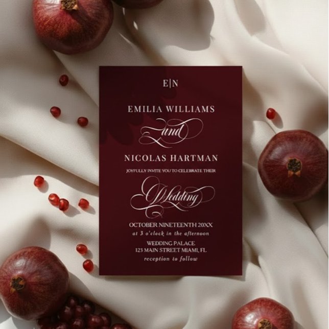 Burgundy Red Monogram Romantic Wedding Invitation (Creator Uploaded)