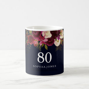 Burgundy Red Navy Blue Floral 80th Birthday Gift Coffee Mug