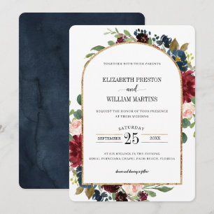 Burgundy Red Navy Blue Floral Arch Frame Wedding Invitation