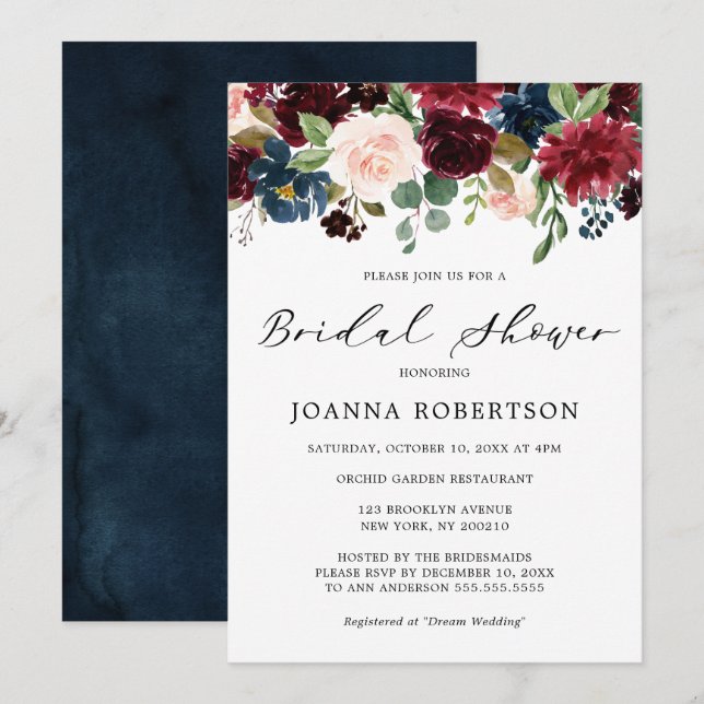 Burgundy Red Navy Blue Floral Bridal Shower Invitation (Front/Back)