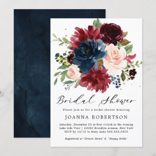 Burgundy Red Navy Blue Floral Bridal Shower Invitation