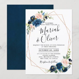 Burgundy Red Navy Blue Floral Geometric Wedding Invitation