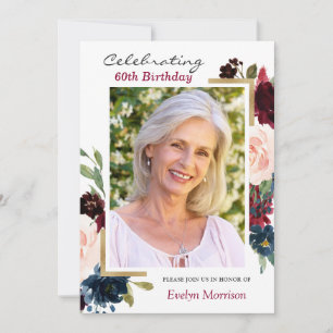 Burgundy Red Navy Blue Floral Photo Birthday Party Invitation