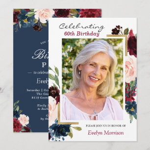 Burgundy Red Navy Blue Floral Photo Birthday Party Invitation