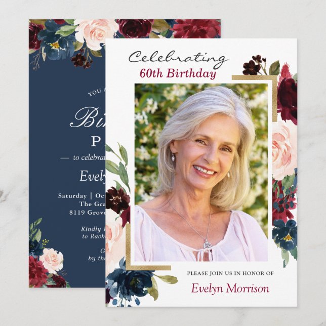 Burgundy Red Navy Blue Floral Photo Birthday Party Invitation (Front/Back)