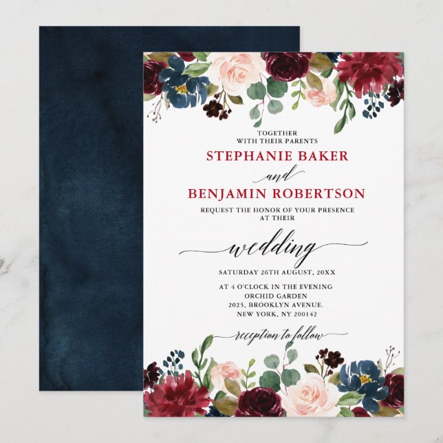 Burgundy Red Navy blue Floral Rustic Boho wedding Invitation (Front/Back)
