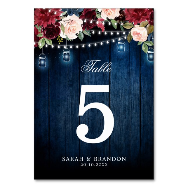 Burgundy Red Navy Blue Floral Table Number (Front)