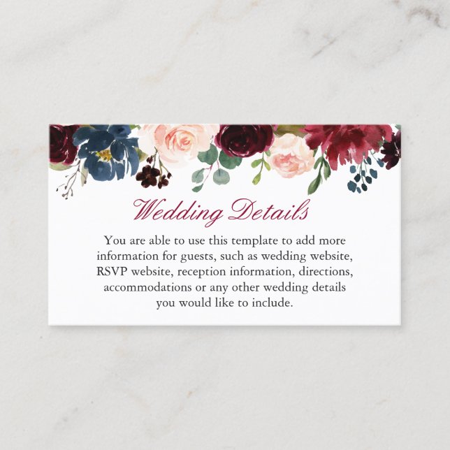 Burgundy Red Navy Blue Floral Wedding Details Info Business Card (Front)