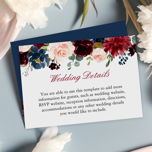 Burgundy Red Navy Blue Floral Wedding Details Info Enclosure Card (Add essential wedding details such as RSVP info, accommodation options, or directions to the venue.)