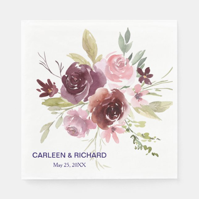 Burgundy Red Navy Blue Floral Wedding Napkin (Front)