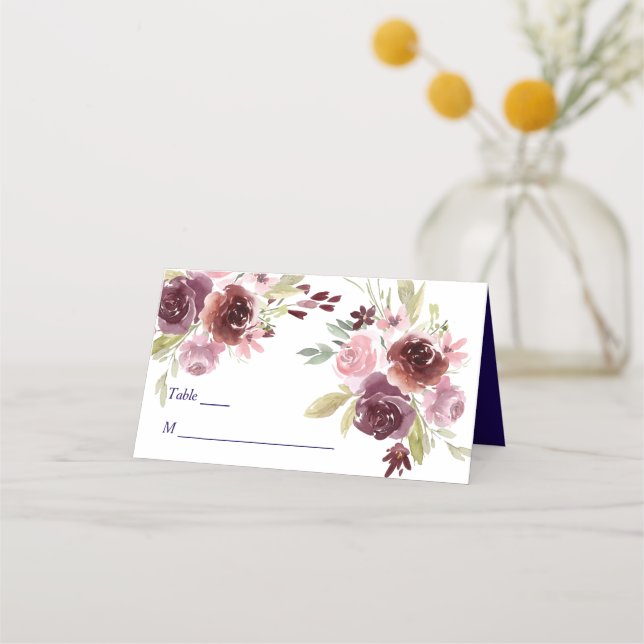 Burgundy Red Navy Blue Floral Wedding Place Card (Front)