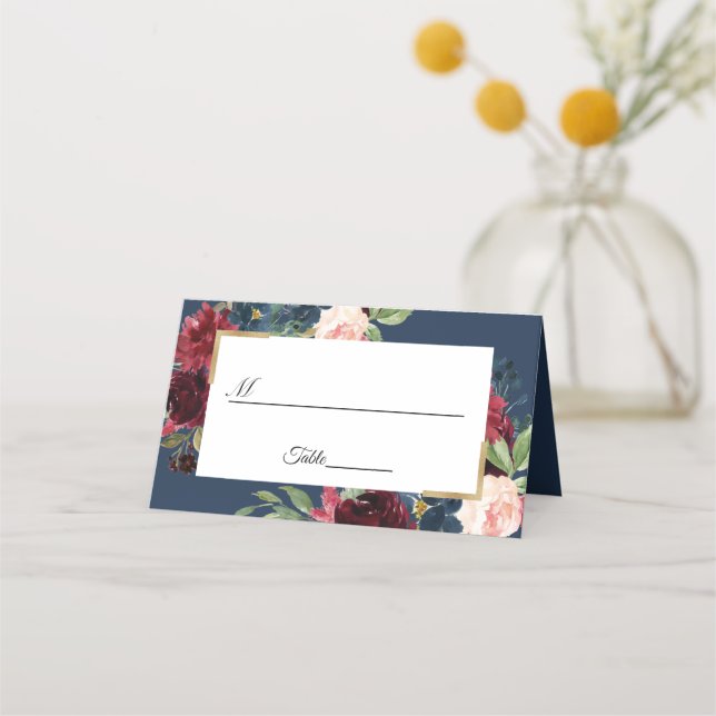 Burgundy Red Navy Blue Floral Wedding Table Place Card (Front)