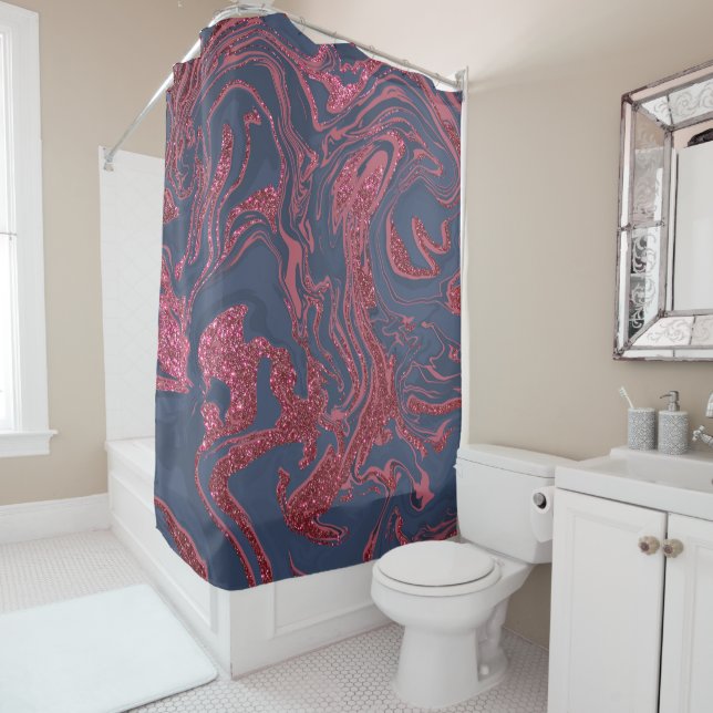 Burgundy Red Navy Blue Glitter Marble Shower Curtain (In Situ)
