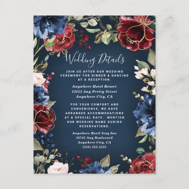 Burgundy Red Navy Blue Gold and Blush Pink Wedding Enclosure Card (Front)