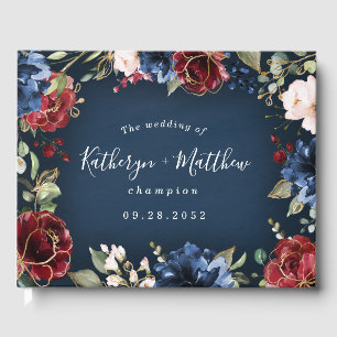 Burgundy Red Navy Blue Gold and Blush Pink Wedding Guest Book