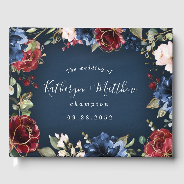Burgundy Red Navy Blue Gold and Blush Pink Wedding Guest Book (Front)