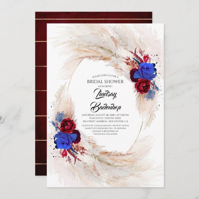 Burgundy Red Navy Blue Pampas Grass Bridal Shower Invitation (Front/Back)