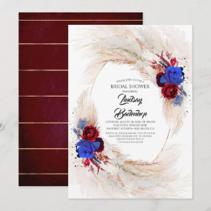 Burgundy Red Navy Blue Pampas Grass Bridal Shower Invitation
