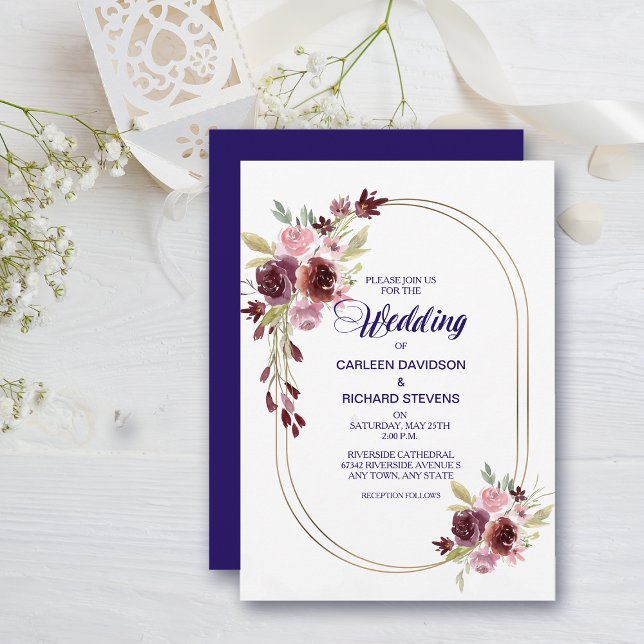 Burgundy Red Navy Blue Roses Floral Wedding Invitation (Creator Uploaded)