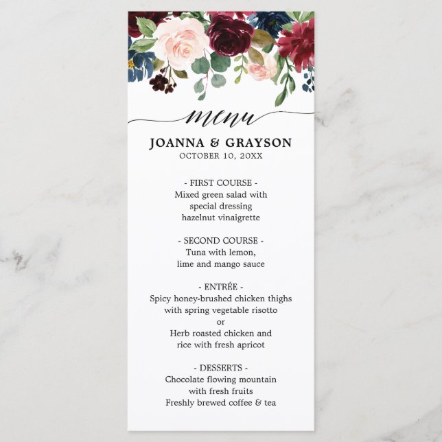 Burgundy Red Navy Blue Watercolor Floral Boho Menu (Front)