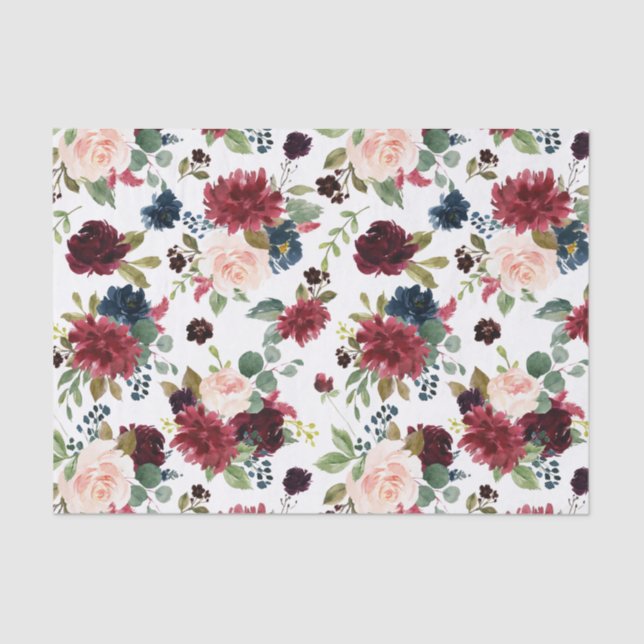 Burgundy Red Navy Blue Watercolor Flowers Tissue Paper (Front)